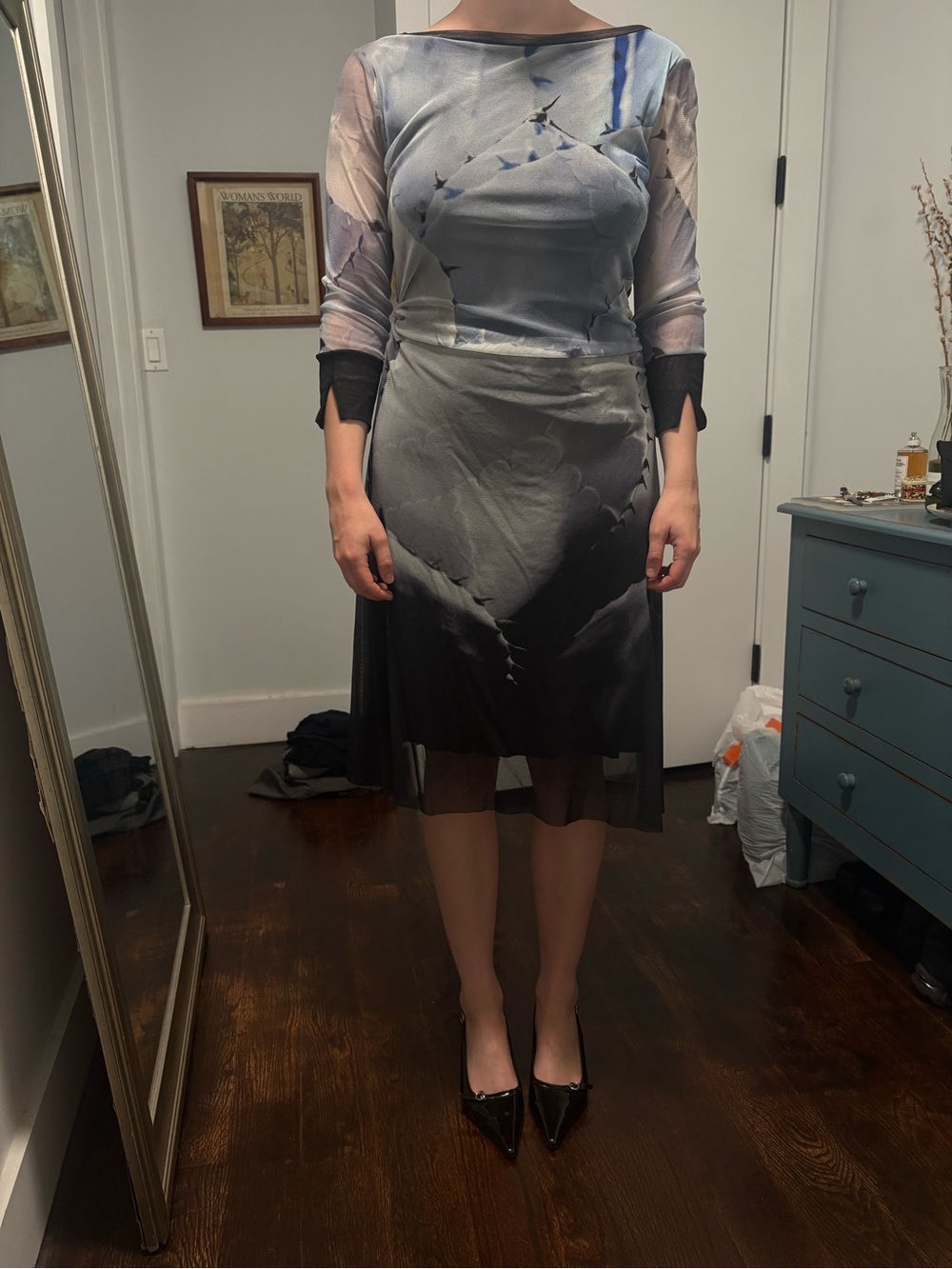 Vintage Firuzi Black and Gray Sheer Midi Dress